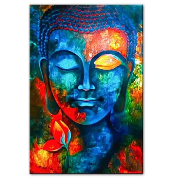 Carré Peinture Visage De Bouddha Arc-en-Ciel CM 100x100 Tête Lit Bi